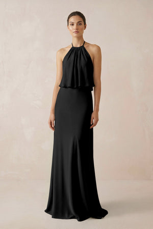 Halter Sheath Ruffled Chiffon Bridesmaid Dress in Black - SHE IS ME Bridesmaid Dresses