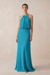 Halter Sheath Ruffled Chiffon Bridesmaid Dress in Blue Jay - KISS BRIDAL Bridesmaid Dresses