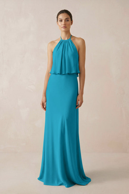 Halter Sheath Ruffled Chiffon Bridesmaid Dress in Blue Jay - SHE IS ME Bridesmaid Dresses
