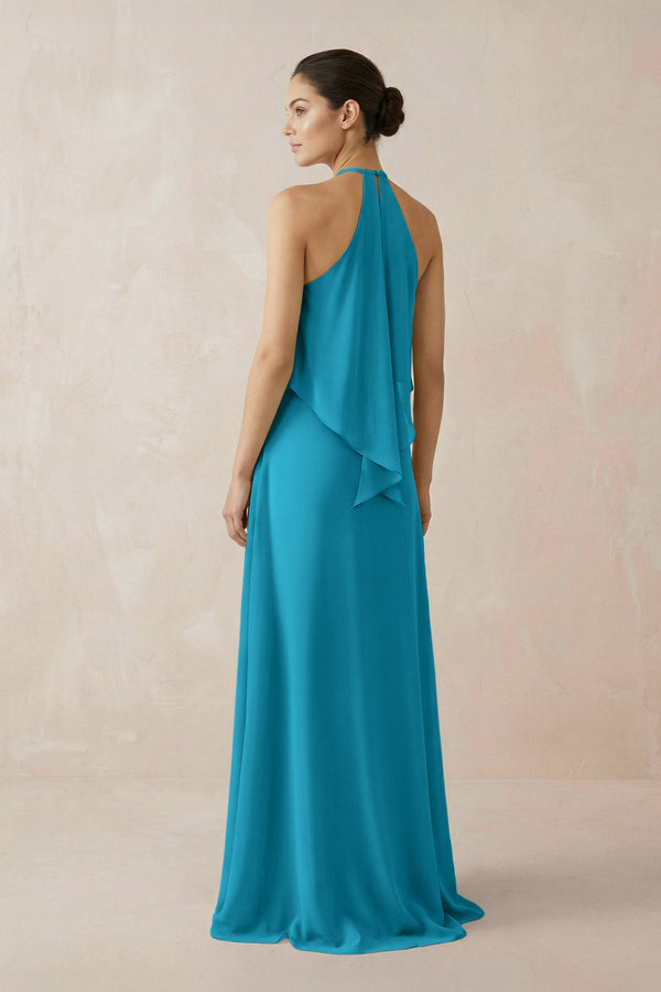 Halter Sheath Ruffled Chiffon Bridesmaid Dress in Blue Jay - SHE IS ME Bridesmaid Dresses