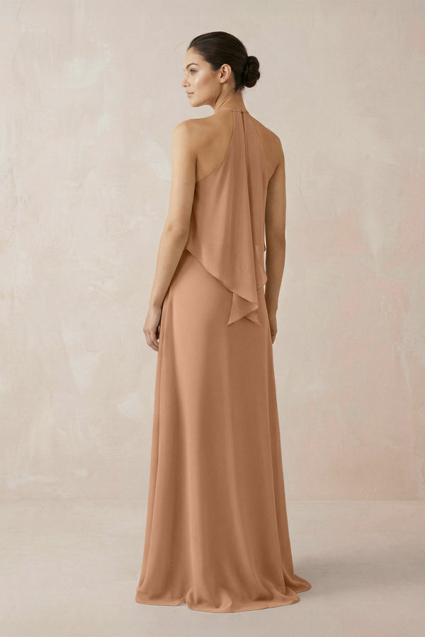 Halter Sheath Ruffled Chiffon Bridesmaid Dress in Bronzer - SHE IS ME Bridesmaid Dresses
