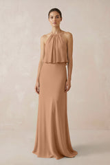 Halter Sheath Ruffled Chiffon Bridesmaid Dress in Bronzer - KISS BRIDAL Bridesmaid Dresses