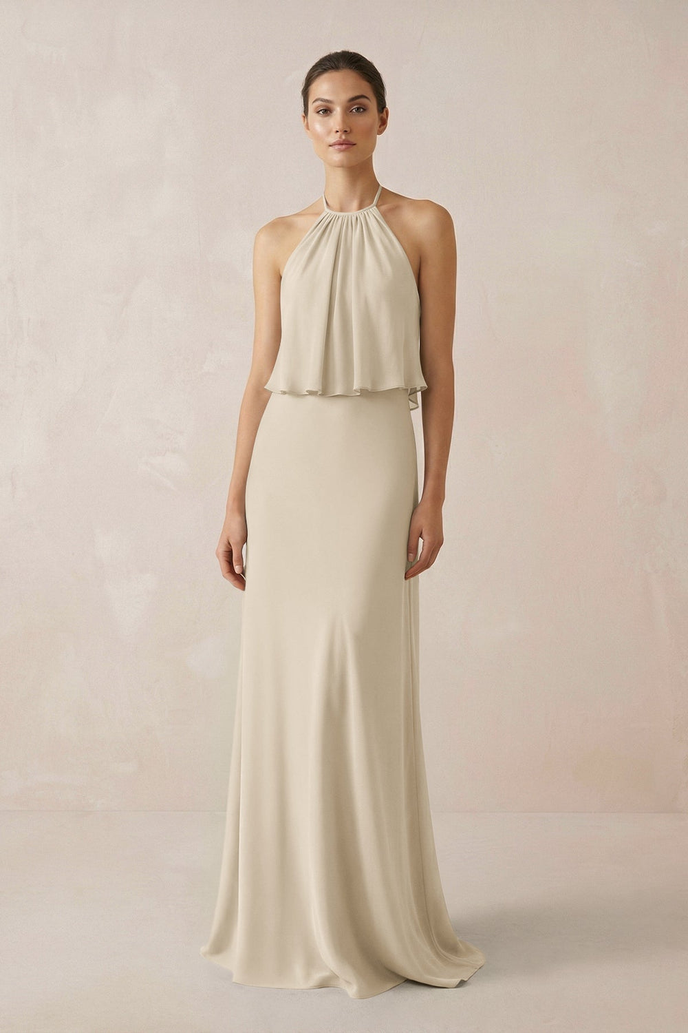 Halter Sheath Ruffled Chiffon Bridesmaid Dress in Champagne - SHE IS ME Bridesmaid Dresses