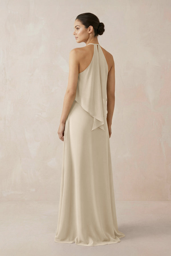 Halter Sheath Ruffled Chiffon Bridesmaid Dress in Champagne - SHE IS ME Bridesmaid Dresses
