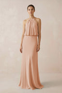 Halter Sheath Ruffled Chiffon Bridesmaid Dress in Champagne Rose - SHE IS ME Bridesmaid Dresses