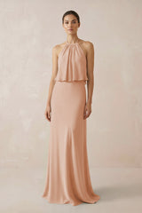 Halter Sheath Ruffled Chiffon Bridesmaid Dress in Champagne Rose - KISS BRIDAL Bridesmaid Dresses