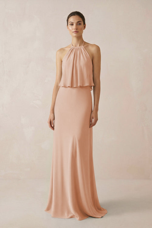 Halter Sheath Ruffled Chiffon Bridesmaid Dress in Champagne Rose - SHE IS ME Bridesmaid Dresses
