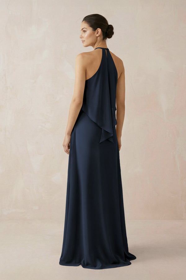 Halter Sheath Ruffled Chiffon Bridesmaid Dress in Dark Navy - SHE IS ME Bridesmaid Dresses