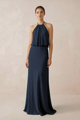 Halter Sheath Ruffled Chiffon Bridesmaid Dress in Dark Navy - KISS BRIDAL Bridesmaid Dresses