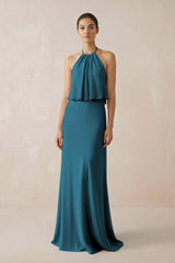 Halter Sheath Ruffled Chiffon Bridesmaid Dress in Dark Teal - KISS BRIDAL Bridesmaid Dresses