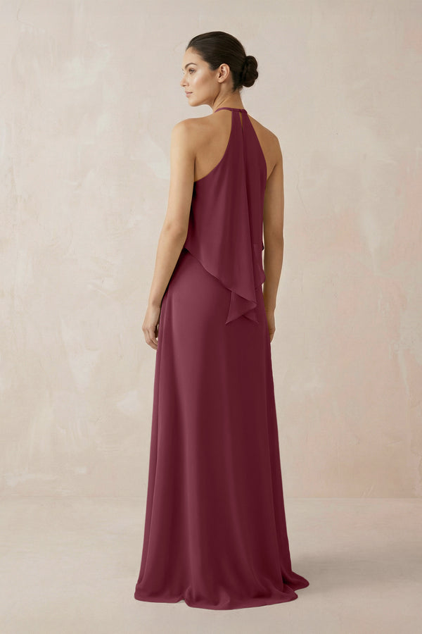 Halter Sheath Ruffled Chiffon Bridesmaid Dress in Desert Rose (2) | KISSBRIDAL