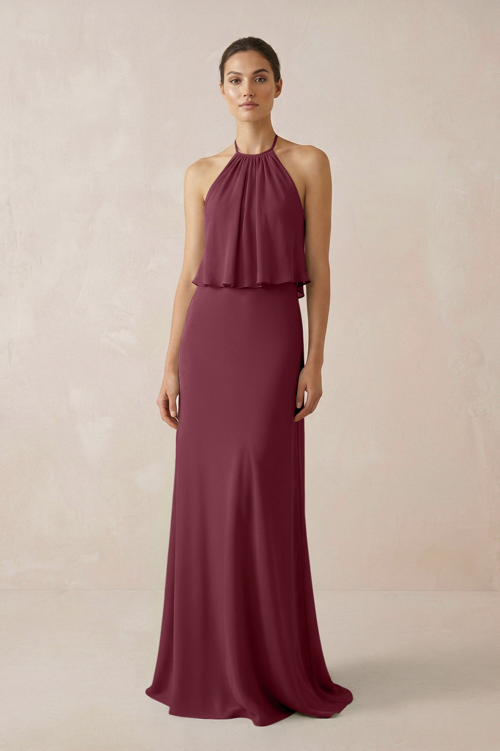 Halter Sheath Ruffled Chiffon Bridesmaid Dress in Desert Rose