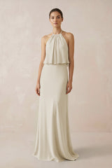 Halter Sheath Ruffled Chiffon Bridesmaid Dress in Dove Gray - KISS BRIDAL Bridesmaid Dresses