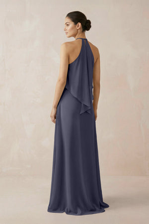 Halter Sheath Ruffled Chiffon Bridesmaid Dress in Dusk Blue - SHE IS ME Bridesmaid Dresses