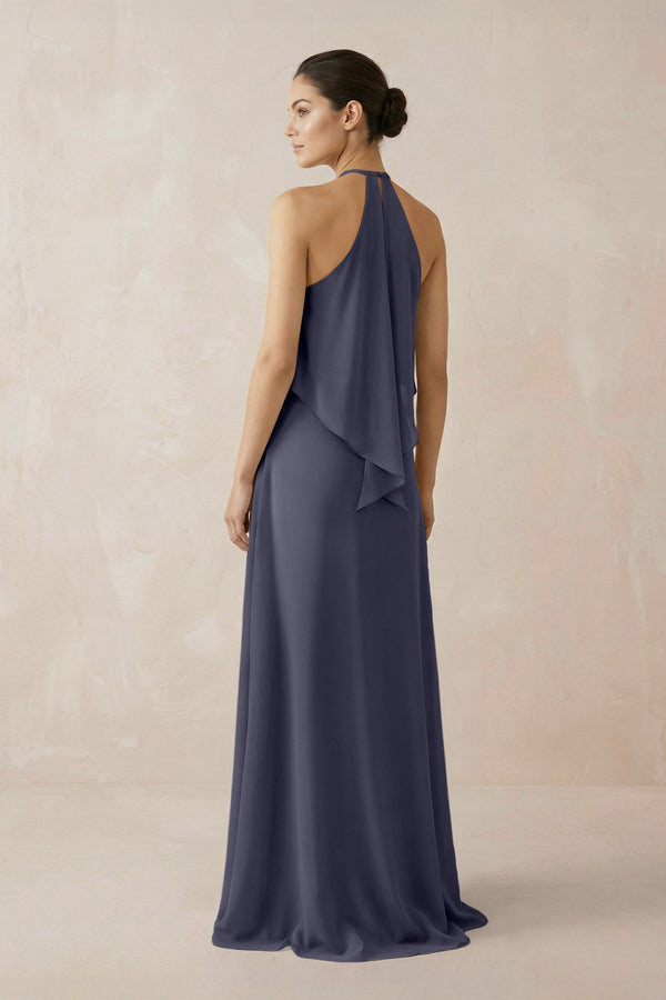 Halter Sheath Ruffled Chiffon Bridesmaid Dress in Dusk Blue - SHE IS ME Bridesmaid Dresses