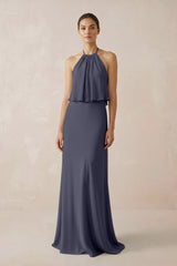 Halter Sheath Ruffled Chiffon Bridesmaid Dress in Dusk Blue - KISS BRIDAL Bridesmaid Dresses