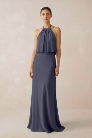 Halter Sheath Ruffled Chiffon Bridesmaid Dress in Dusk Blue - SHE IS ME Bridesmaid Dresses