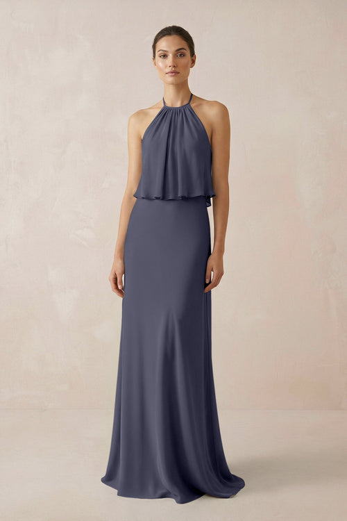 Halter Sheath Ruffled Chiffon Bridesmaid Dress in Dusk Blue - SHE IS ME Bridesmaid Dresses