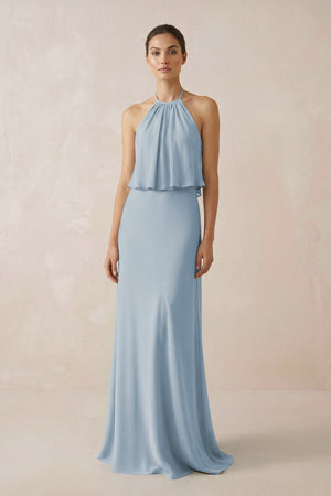 Halter Sheath Ruffled Chiffon Bridesmaid Dress in Dusty Blue - SHE IS ME Bridesmaid Dresses