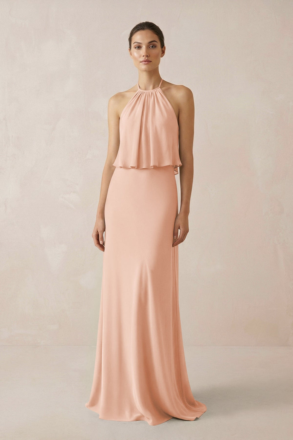 Halter Sheath Ruffled Chiffon Bridesmaid Dress in English Rose - SHE IS ME Bridesmaid Dresses