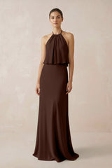 Halter Sheath Ruffled Chiffon Bridesmaid Dress in Espresso - KISS BRIDAL Bridesmaid Dresses