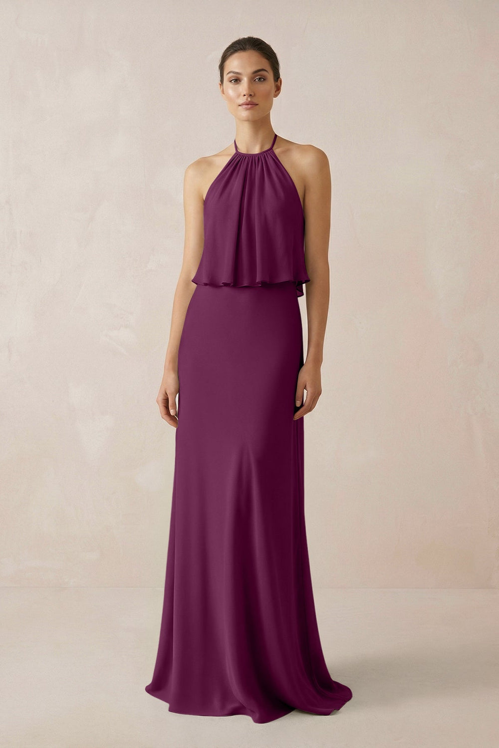 Halter Sheath Ruffled Chiffon Bridesmaid Dress in Fig - SHE IS ME Bridesmaid Dresses