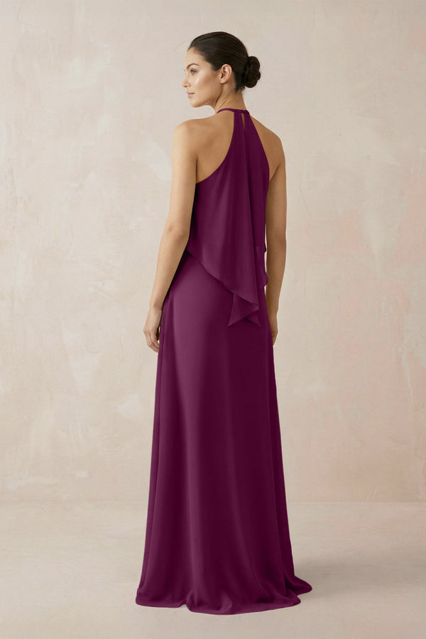 Halter Sheath Ruffled Chiffon Bridesmaid Dress in Fig - SHE IS ME Bridesmaid Dresses
