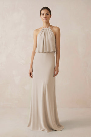 Halter Sheath Ruffled Chiffon Bridesmaid Dress in Frost - SHE IS ME Bridesmaid Dresses