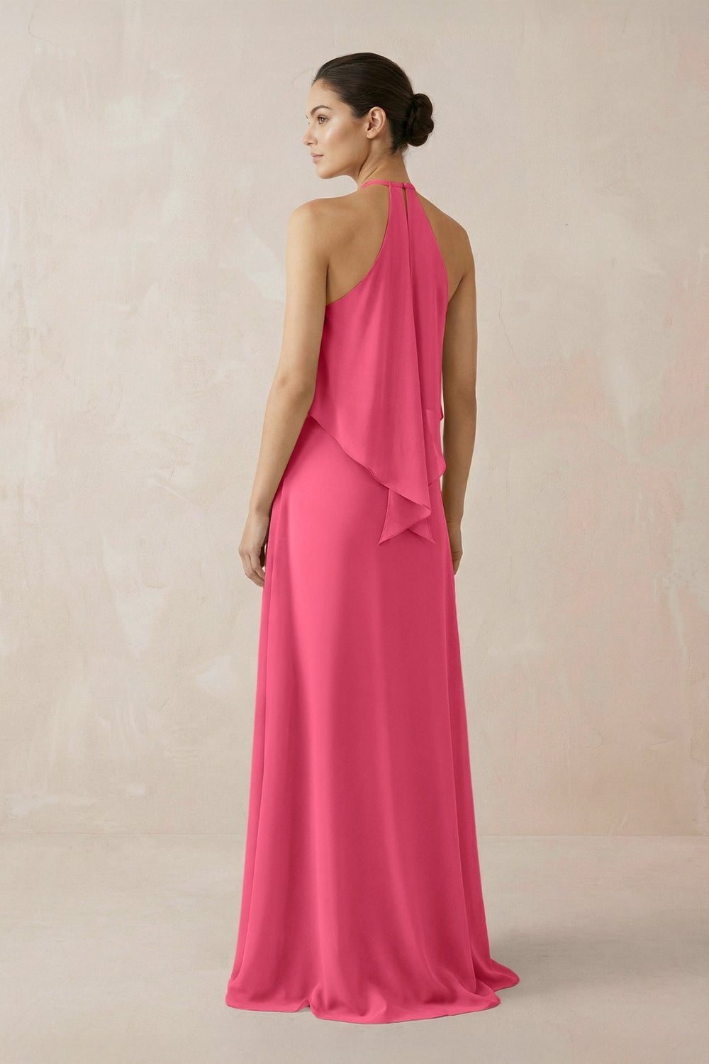 Halter Sheath Ruffled Chiffon Bridesmaid Dress in Fuchsia - SHE IS ME Bridesmaid Dresses