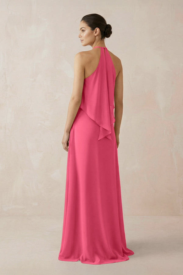 Halter Sheath Ruffled Chiffon Bridesmaid Dress in Fuchsia - SHE IS ME Bridesmaid Dresses