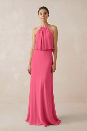 Halter Sheath Ruffled Chiffon Bridesmaid Dress in Fuchsia - SHE IS ME Bridesmaid Dresses
