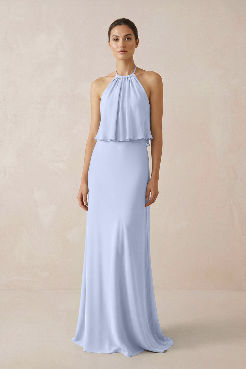 Halter Sheath Ruffled Chiffon Bridesmaid Dress in Ice - SHE IS ME Bridesmaid Dresses