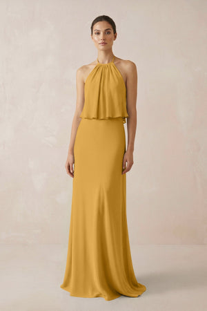 Halter Sheath Ruffled Chiffon Bridesmaid Dress in Marigold - SHE IS ME Bridesmaid Dresses