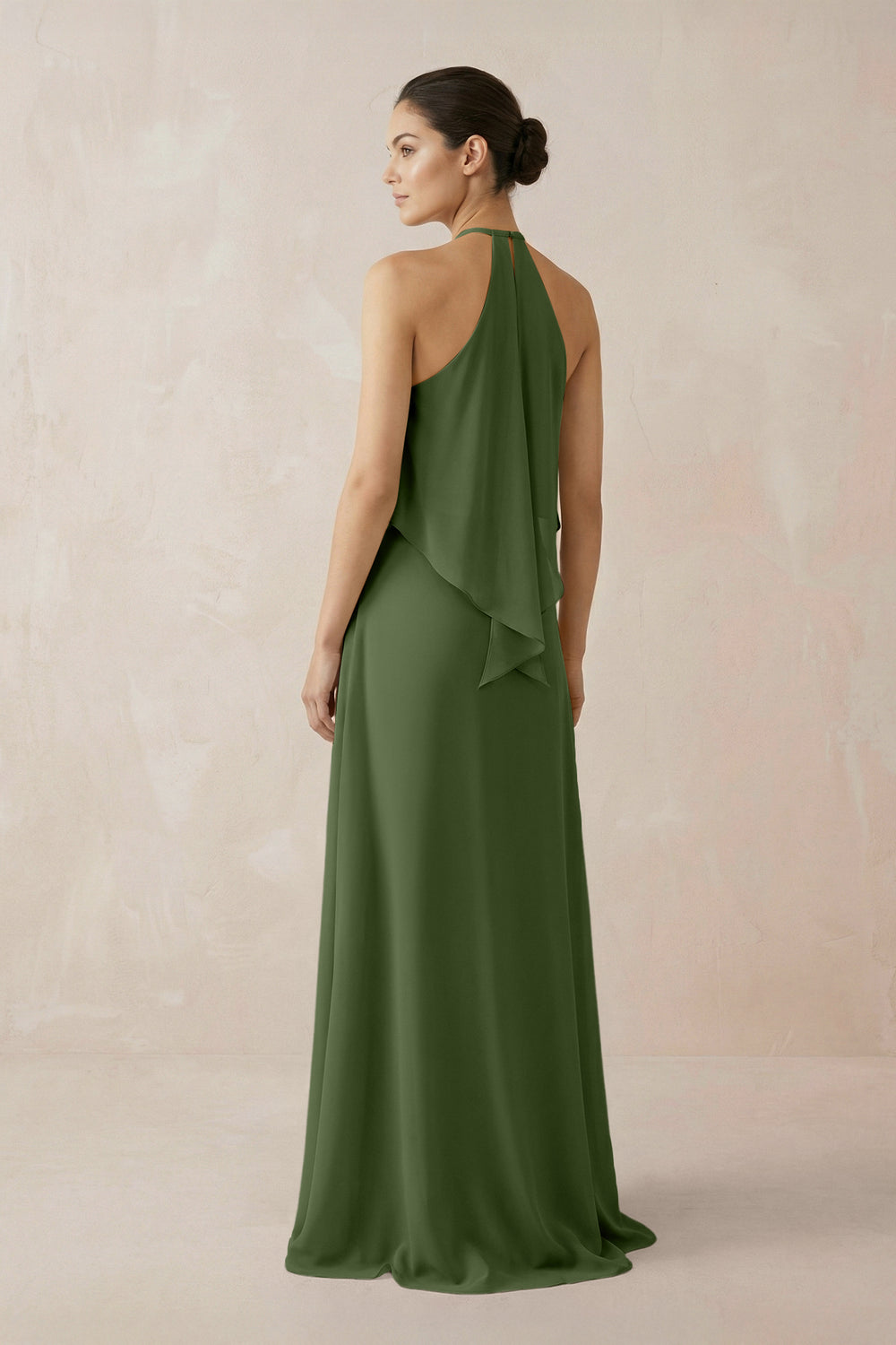 Halter Sheath Ruffled Chiffon Bridesmaid Dress in Moss