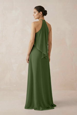 Halter Sheath Ruffled Chiffon Bridesmaid Dress in Moss (2) | KISSBRIDAL