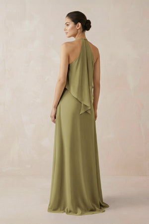 Halter Sheath Ruffled Chiffon Bridesmaid Dress in Moss Green (2) | KISSBRIDAL