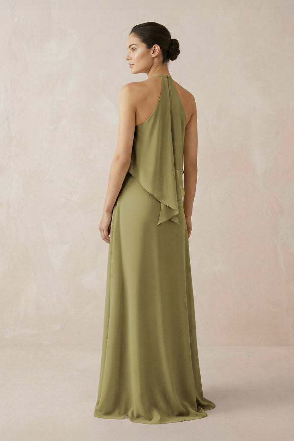 Halter Sheath Ruffled Chiffon Bridesmaid Dress in Moss Green (2) | KISSBRIDAL