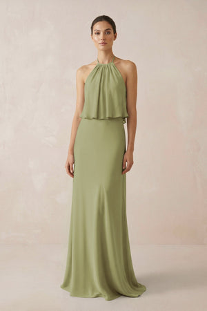 Halter Sheath Ruffled Chiffon Bridesmaid Dress in Moss Green - SHE IS ME Bridesmaid Dresses