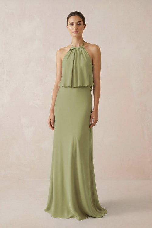 Halter Sheath Ruffled Chiffon Bridesmaid Dress in Moss Green - SHE IS ME Bridesmaid Dresses