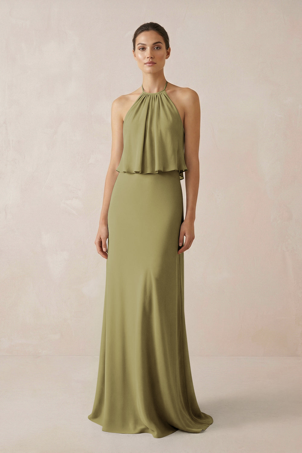 Halter Sheath Ruffled Chiffon Bridesmaid Dress in Moss Green