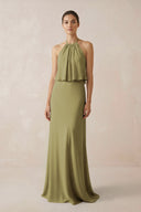 Halter Sheath Ruffled Chiffon Bridesmaid Dress in Moss Green | KISSBRIDAL
