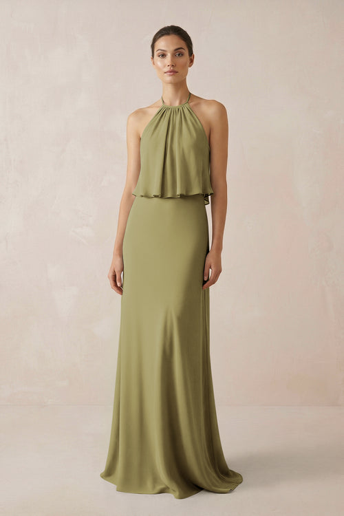 Halter Sheath Ruffled Chiffon Bridesmaid Dress in Moss Green | KISSBRIDAL