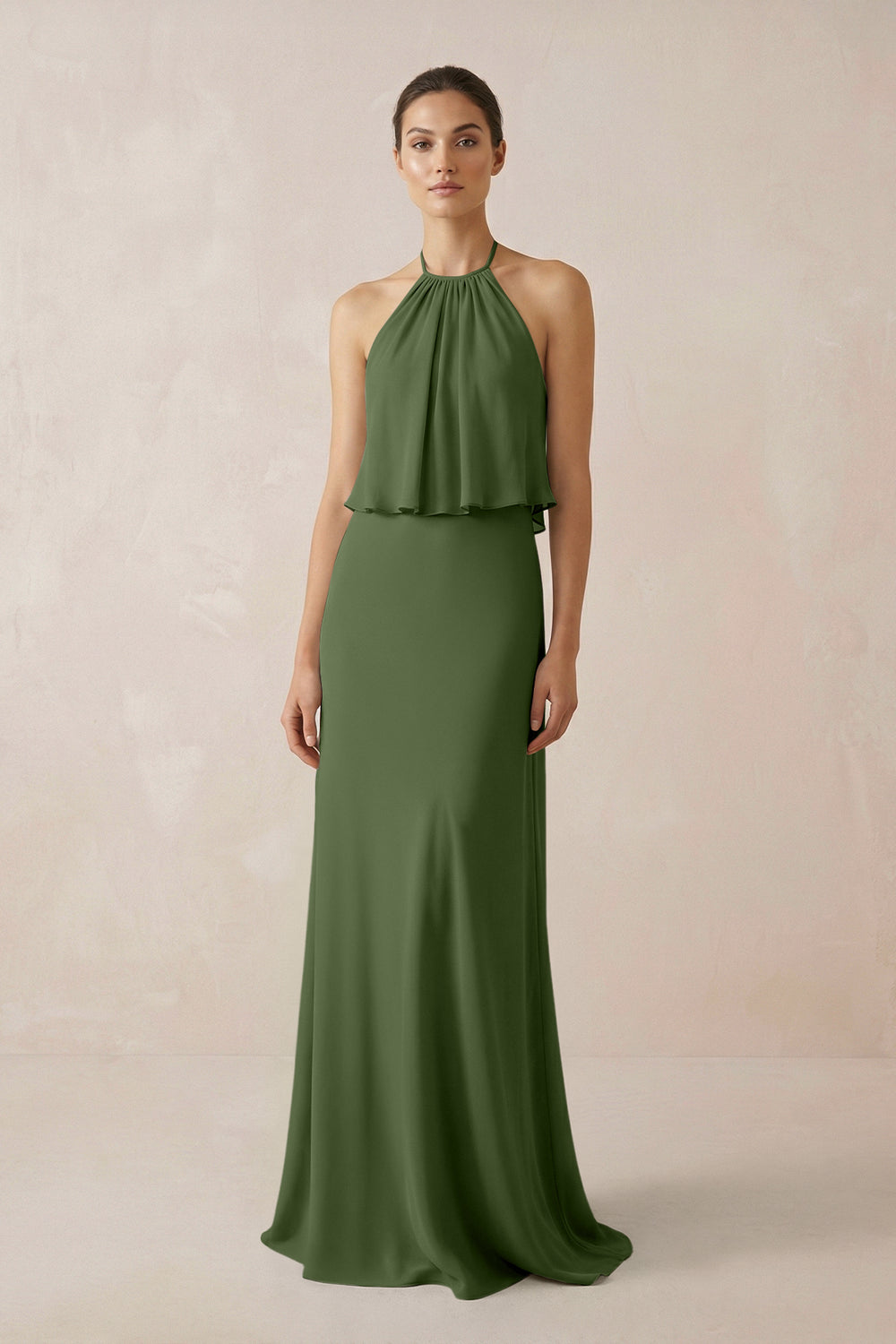 Halter Sheath Ruffled Chiffon Bridesmaid Dress in Moss