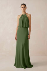 Halter Sheath Ruffled Chiffon Bridesmaid Dress in Moss | KISSBRIDAL