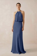 Halter Sheath Ruffled Chiffon Bridesmaid Dress in Navy - SHE IS ME Bridesmaid Dresses