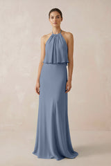 Halter Sheath Ruffled Chiffon Bridesmaid Dress in Neptune - KISS BRIDAL Bridesmaid Dresses
