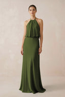 Halter Sheath Ruffled Chiffon Bridesmaid Dress in Olive - SHE IS ME Bridesmaid Dresses
