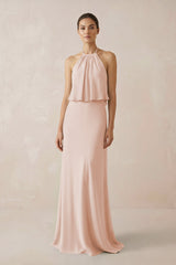 Halter Sheath Ruffled Chiffon Bridesmaid Dress in Pale Blush - KISS BRIDAL Bridesmaid Dresses