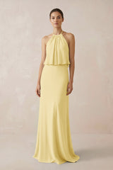Halter Sheath Ruffled Chiffon Bridesmaid Dress in Pastel Yellow - KISS BRIDAL Bridesmaid Dresses
