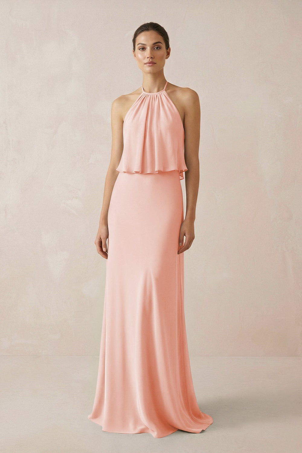 Halter Sheath Ruffled Chiffon Bridesmaid Dress in Rose Petal - SHE IS ME Bridesmaid Dresses